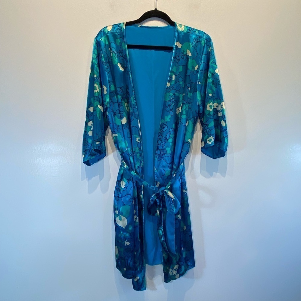 Women's Satin Floral Reversible Robe Kimono Blue One Size Pockets 3/4 Sleeves
